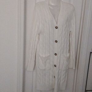 Long Ivory Cable Knit Button-Front Cardigan